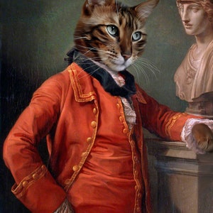 May include: A brown tabby cat wearing a red, gold, and white jacket with a white lace collar. The cat is standing in front of a bust of a woman wearing a white toga.