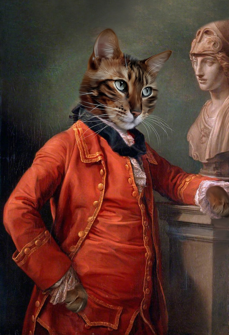 May include: A brown tabby cat wearing a red, gold, and white jacket with a white lace collar. The cat is standing in front of a bust of a woman wearing a white toga.