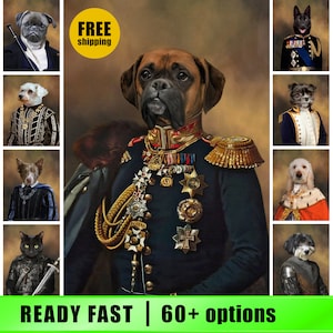 K&ouml;nnte beinhalten: Ein digitales Gem&auml;lde eines Boxerhundes, der eine Milit&auml;runiform mit goldenen Verzierungen und Medaillen tr&auml;gt. Der Hund steht vor einem braunen Hintergrund. Der Text "FREE shipping" befindet sich in einem gelben Kreis in der oberen rechten Ecke des Bildes.