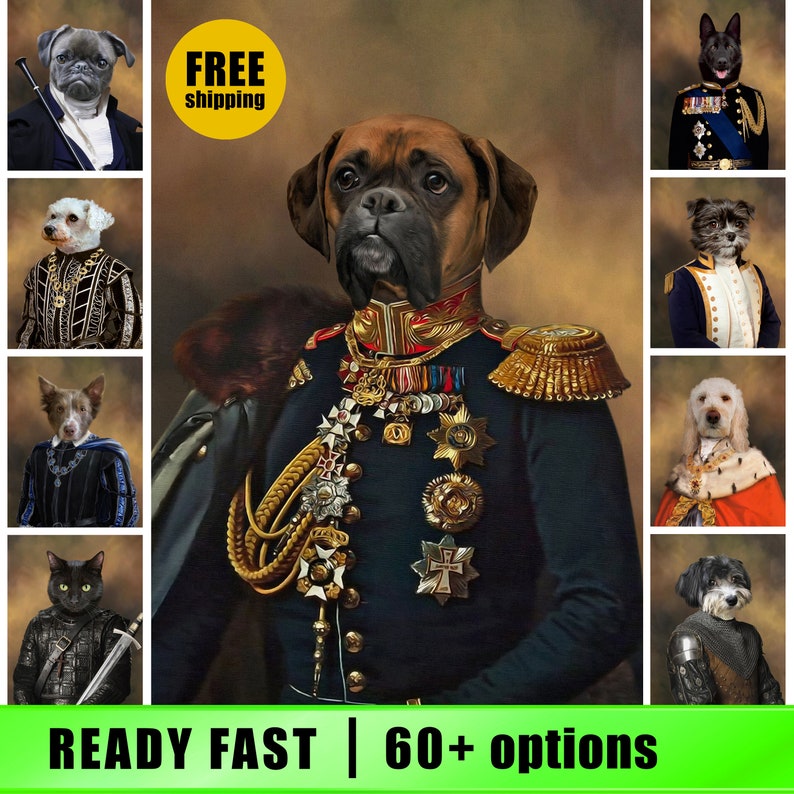 K&ouml;nnte beinhalten: Ein digitales Gem&auml;lde eines Boxerhundes, der eine Milit&auml;runiform mit goldenen Verzierungen und Medaillen tr&auml;gt. Der Hund steht vor einem braunen Hintergrund. Der Text "FREE shipping" befindet sich in einem gelben Kreis in der oberen rechten Ecke des Bildes.