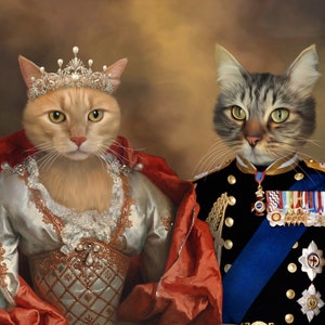 K&ouml;nnte beinhalten: Ein Gem&auml;lde von zwei Katzen, die in k&ouml;nigliche Kleidung gekleidet sind. Die Katze links tr&auml;gt ein wei&szlig;es und goldenes Kleid mit einem roten Umhang und einer Krone. Die Katze rechts tr&auml;gt eine schwarze und blaue Milit&auml;runiform mit Medaillen und einer Sch&auml;rpe.