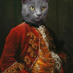 May include: A gray cat wearing a red and gold embroidered jacket with a white lace collar. The cat is posed in a portrait style, similar to a human portrait.
