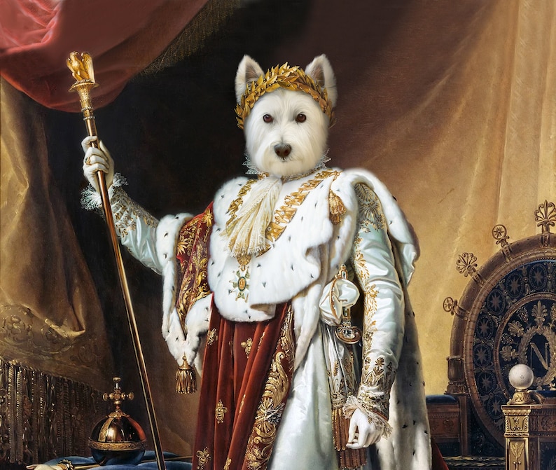 May include: A white dog wearing a gold crown and a white and red robe, holding a gold scepter. The dog is standing in front of a throne with a gold and black design.
