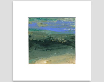May include: Abstract painting with layers of green, blue, and gold paint. The painting has a textured surface and a subtle horizontal stripe pattern. The artist's signature is in the bottom right corner.