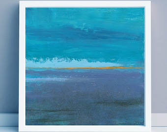 Klein abstract schilderij blauwe zee, modern canvaskunstwerk (20 x 20 cm)