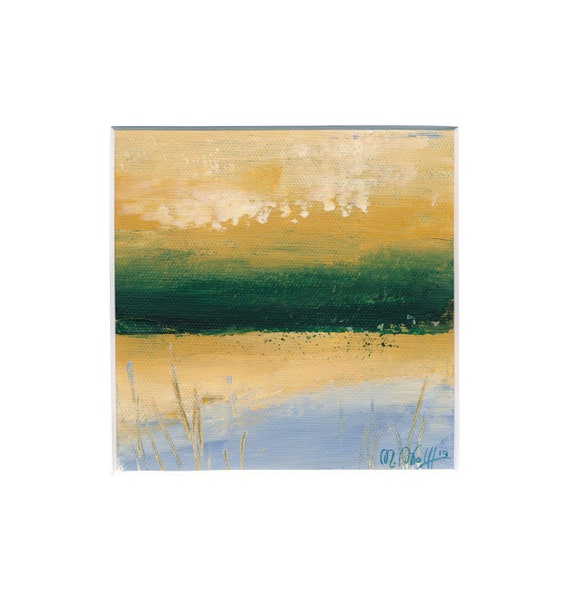 小さな抽象風景画、キャンバスに描かれたアクリル画（13 x 13 cm