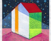 Small House Acrylic Painting, Abstract Landscape Art (13x13cm)
