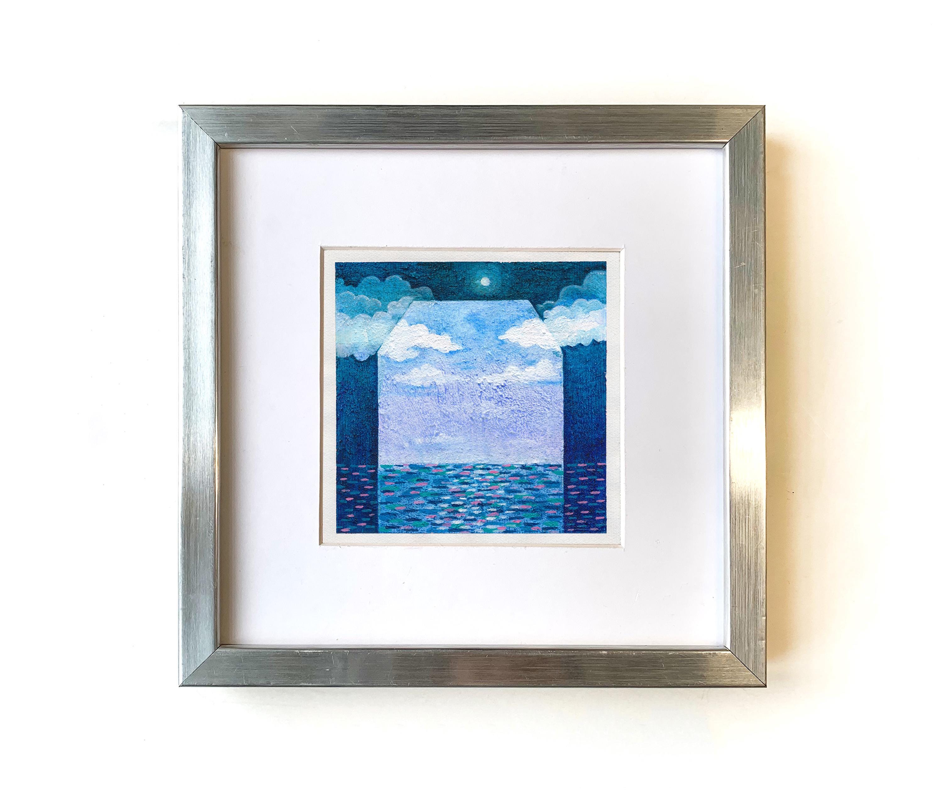 オリジナル抽象アクリル画、海景キャンバスアート（13 x 13 cm