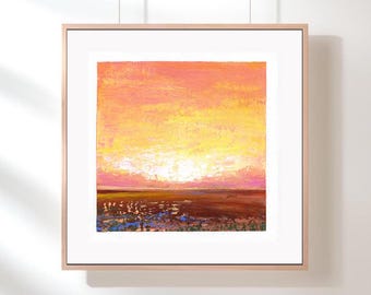 Pequeño cuadro abstracto de paisaje rosa sobre lienzo, 5 x 5 pulgadas. Obra de arte original.