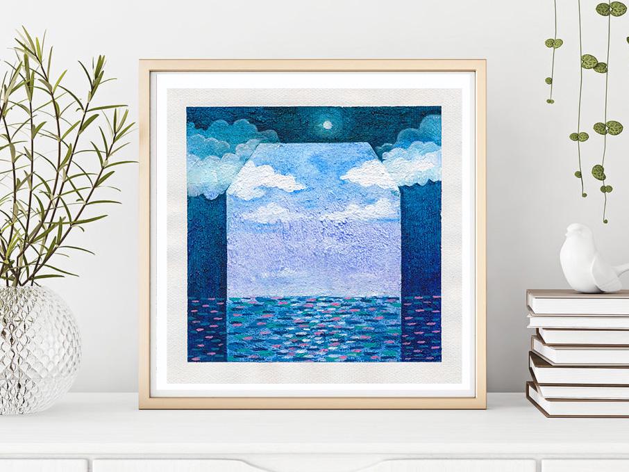 オリジナル抽象アクリル画、海景キャンバスアート（13 x 13 cm