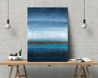 May include: Abstract painting on canvas with a blue, white, and turquoise color scheme. The painting depicts a horizon with a dark blue sky and a turquoise ocean.