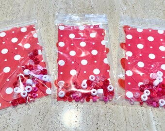 Friendship Bracelet Making Bead Kits Set of 6 Red and White Polka Dot Hearts Polly and Gem Plastic Beads Birthday Favor Goodie Bag Valentine