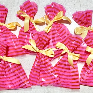 Hot Pink Striped Girls Birthday Party Favor Bags Filled Bundle of 12 Pink Heart Pop It Fidget, Bubbles, Hair Clip, Bow Ring, Shoe Charm Gift