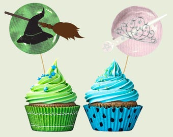 Green and Pink Witch Bubble Cupcake/Treat Toppers Stickers Birthday Shower Printable Digital Download Tiara, Wand, Broom, Hat