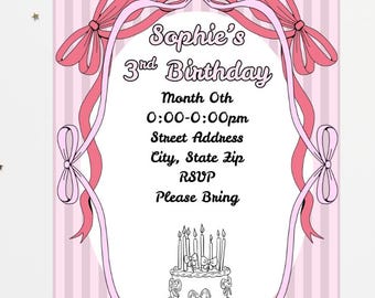 Pink Bow Birthday Kids Party Invitation Celebration Card Customizable Template Digital Download Coquette Rococo Ballet Ballerina Princess