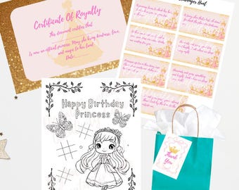 Princess Birthday Party Printable Kit- Royal Certificate, Coloring Page, Favor Gift Tags, Scavenger Hunt Pink and Gold Kids Activity Games