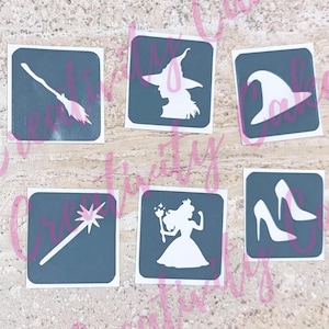 May include: Six blue stencils with white cutouts of a witch, a broom, a hat, a wand, a princess, and a pair of shoes. These stencils are perfect for crafting and decorating.