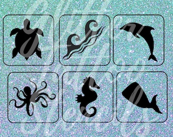 36 Glitter Tattoo Stencils PNG Instant Download Cut file Ocean- Sea Turtle, Waves, Dolphin, Octopus, Seahorse Whale Cricut Silhouette