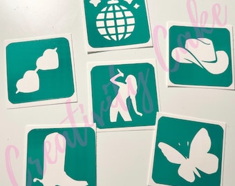 Precut 36 Glitter Temporary Tattoo Stencils 1.75 in Cowboy Hat/Boot, Mirrorball, Popstar, Heart Glasses, Butterfly Birthday Party Concert