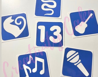 36 Precut Glitter Temporary Tattoo Stencils Popstar 13, Microphone, Snake, Music Note, Guitar, Cat Heart 1.75 inch Birthday Party Concert