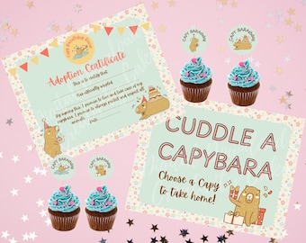Capybara Birthday Party Bundle of 3 Printables Adoption Certificate Favor Sign Cupcake/Treat Toppers Stickers Digital Download Pastel Floral