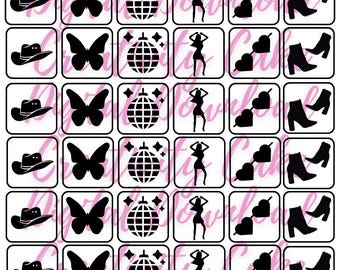 36 Glitter Tattoo Stencils PNG Instant Download Cut file Cowboy Hat, Mirrorball, Popstar, Heart Glasses, boots Cricut Silhouette