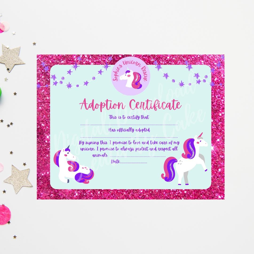 Unicorn Adoption Certificate Birthday Party Custom Template Digital ...
