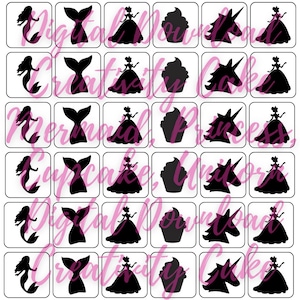 May include: A set of 25 black and white printable cupcake toppers featuring a mermaid, a princess, a unicorn, and a cupcake. The toppers are perfect for a birthday party or any special occasion.