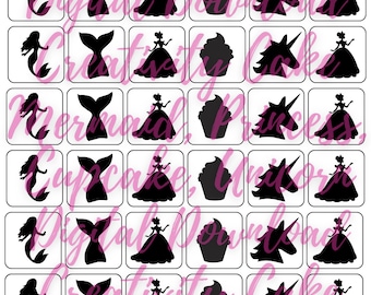 Precut Glitter Temporary Tattoo Vinyl Stencils Set of 36 - Princess, Mermaid, Cupcake, Unicorn Birthday Party Activity Pixie Dust Body Art