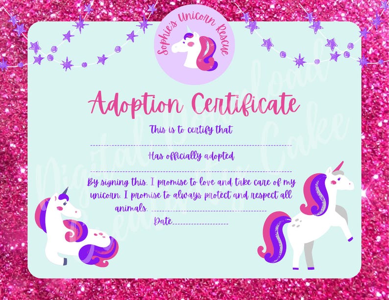 Unicorn Adoption Certificate Birthday Party Custom Template Digital ...