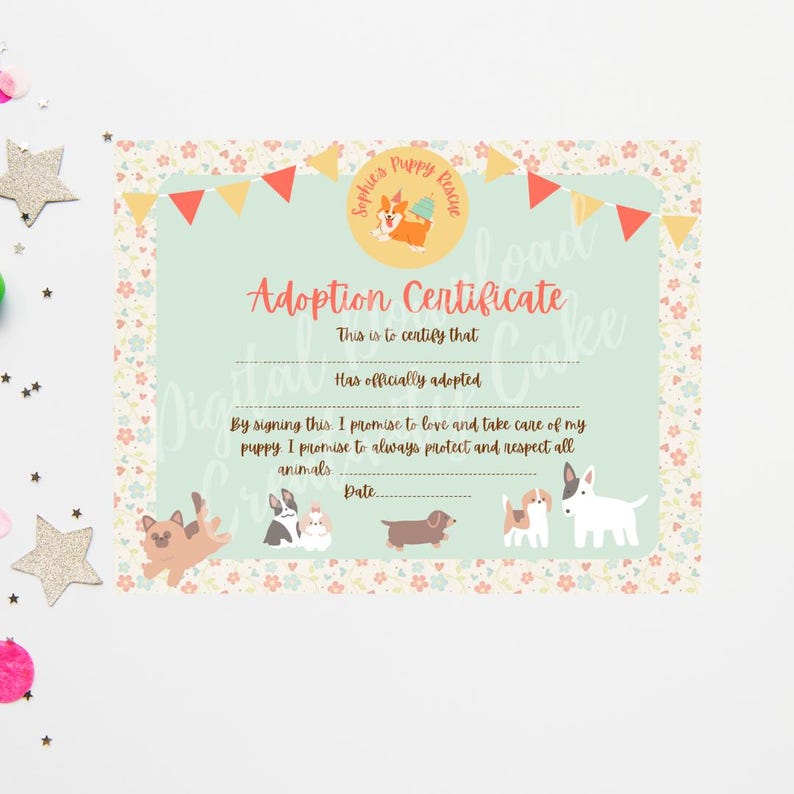 Puppy Dog Adoption Certificate Birthday Party Custom Template Digital ...