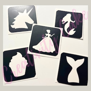 Precut Glitter Temporary Tattoo Vinyl Stencils Set of 36 - Princess, Mermaid, Cupcake, Unicorn Birthday Party Activity Pixie Dust Body Art