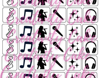 Precut 36 Glitter Temporary Tattoo Stencils 1.75 in K-Pop Pop Star Heart Hand, Music Note, Headphones, Singer Themed Birthday Party Concert
