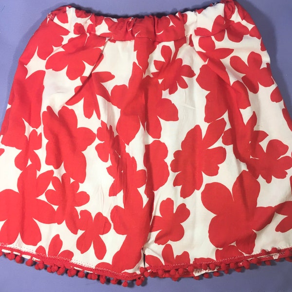 Red and White Floral Shorts with Pom Pom Trim- Medium Size