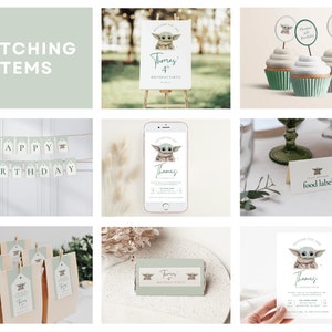 Puede incluir: Un conjunto de decoraciones de fiesta imprimibles con un personaje de dibujos animados verde y marr&oacute;n con orejas grandes. El conjunto incluye una pancarta, adornos para cupcakes, etiquetas para alimentos, bolsas de regalo e invitaciones. El texto de las invitaciones dice "Est&aacute;s invitado a la fiesta de cumplea&ntilde;os de Thomas por sus 4 a&ntilde;os".