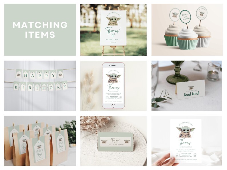 Puede incluir: Un conjunto de decoraciones de fiesta imprimibles con un personaje de dibujos animados verde y marr&oacute;n con orejas grandes. El conjunto incluye una pancarta, adornos para cupcakes, etiquetas para alimentos, bolsas de regalo e invitaciones. El texto de las invitaciones dice "Est&aacute;s invitado a la fiesta de cumplea&ntilde;os de Thomas por sus 4 a&ntilde;os".