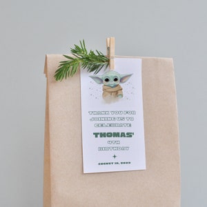 May include: A brown paper bag with a white tag attached. The tag has a cartoon image of a green alien character with large ears and a green and brown outfit. The tag also has the text "Thank you for joining us to celebrate Thomas' 4th Birthday August 18, 2023".