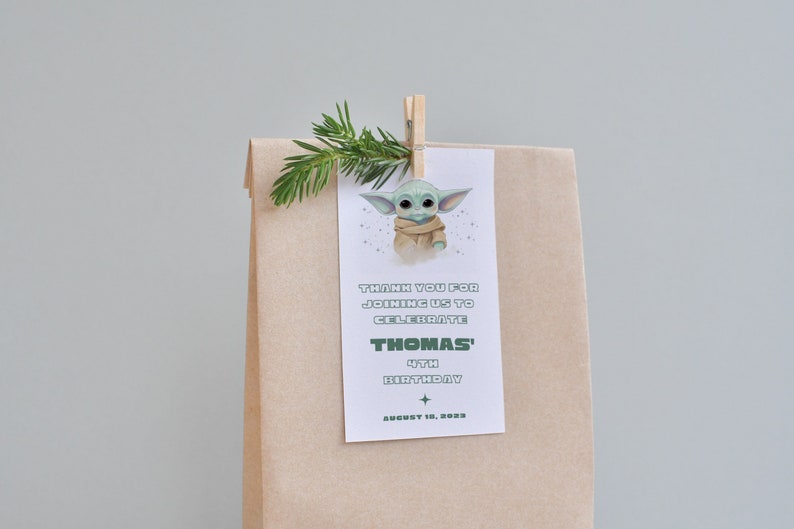 May include: A brown paper bag with a white tag attached. The tag has a cartoon image of a green alien character with large ears and a green and brown outfit. The tag also has the text "Thank you for joining us to celebrate Thomas' 4th Birthday August 18, 2023".