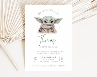 Grogu Birthday Invitation, Boho Watercolor, Editable Template (Digital Download)