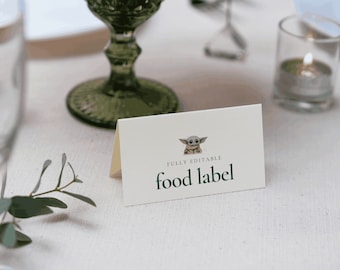 Baby Yoda Birthday Food Label, Grogu Party Place Card (Digital Template)
