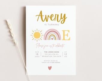 Sunshine Rainbow First Birthday Invite, Boho 1st birthday invitation, Editable template, Printable | INSTANT DOWNLOAD