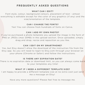 Pode incluir: Um fundo branco com texto preto respondendo a perguntas frequentes sobre um produto digital. O texto inclui perguntas sobre edi&ccedil;&atilde;o, fontes, adi&ccedil;&atilde;o de fotos, edi&ccedil;&atilde;o em um smartphone, datas de expira&ccedil;&atilde;o e tamanhos de modelo. O texto tamb&eacute;m inclui respostas a essas perguntas.