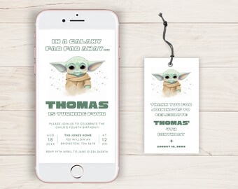 Baby Yoda Birthday Invitation, Grogu Watercolor, Boho SMS Invite (Digital Template)