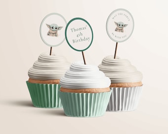 Grogu Birthday Cupcake Toppers, The Child Party Cake (Digital Template)