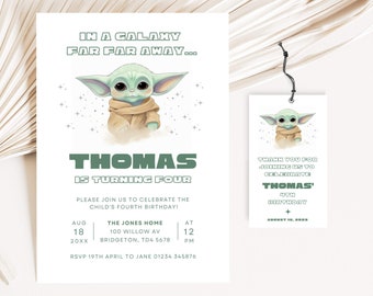 Baby Yoda Birthday Invitation, Watercolor Grogu Party (Digital Canva Template)