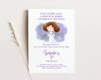 Princess Leia Birthday Invitation, Star Wars Party, Watercolor (Digital Download)