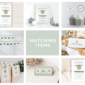 May include: A set of printable party decorations featuring a green alien character with big ears. The set includes invitations, cupcake toppers, food labels, favor bags, and a banner that says "Happy Birthday".