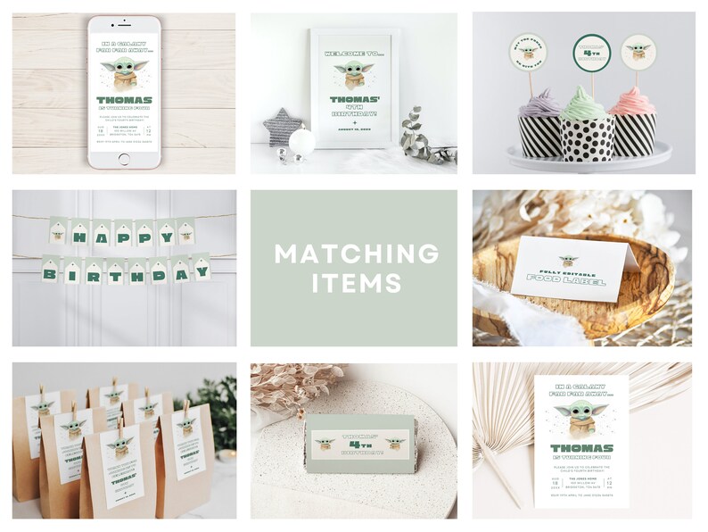 May include: A set of printable party decorations featuring a green alien character with big ears. The set includes invitations, cupcake toppers, food labels, favor bags, and a banner that says "Happy Birthday".