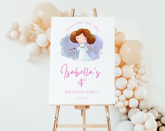 Letrero de bienvenida de cumpleaños de la Princesa Leia, decoración de acuarela para fiesta (plantilla digital)