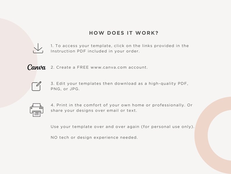 Pode incluir: Como usar um modelo Canva: 1. Acesse o modelo usando os links no PDF de instru&ccedil;&otilde;es. 2. Crie uma conta Canva gratuita. 3. Edite o modelo e fa&ccedil;a o download como PDF, PNG ou JPG. 4. Imprima em casa ou profissionalmente, ou compartilhe seus designs por e-mail ou texto. Use o modelo v&aacute;rias vezes para uso pessoal. Nenhuma experi&ecirc;ncia t&eacute;cnica ou de design &eacute; necess&aacute;ria.